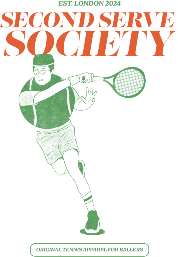 Second Serve Society large back print, set within the shirt body with space around the edges