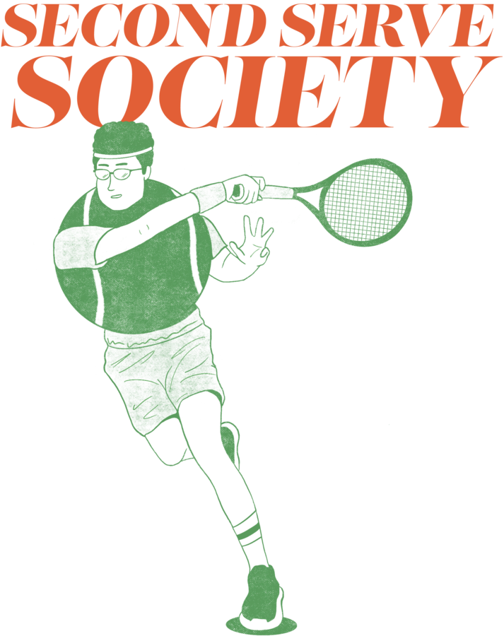 Second Serve Society small front print on the wearer's left chest